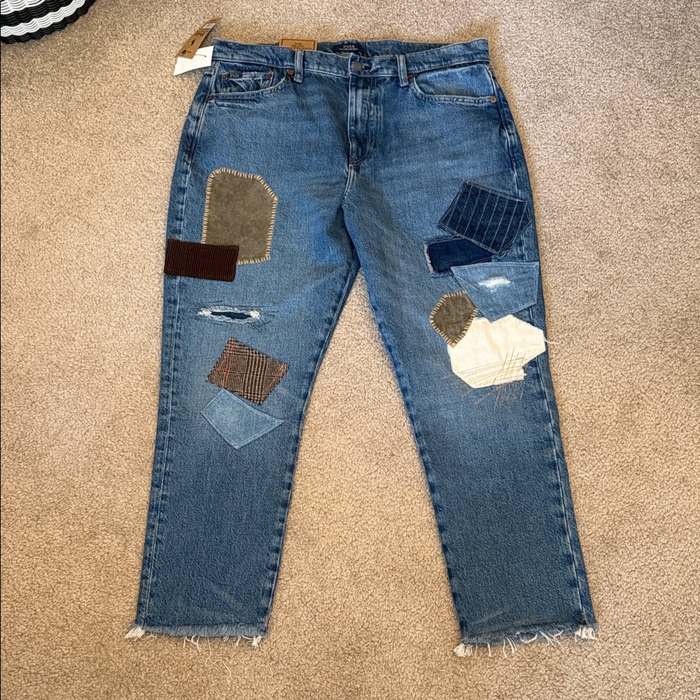 Polo Ralph Lauren Patched Fray Hem Ankle Straight Jeans NWT